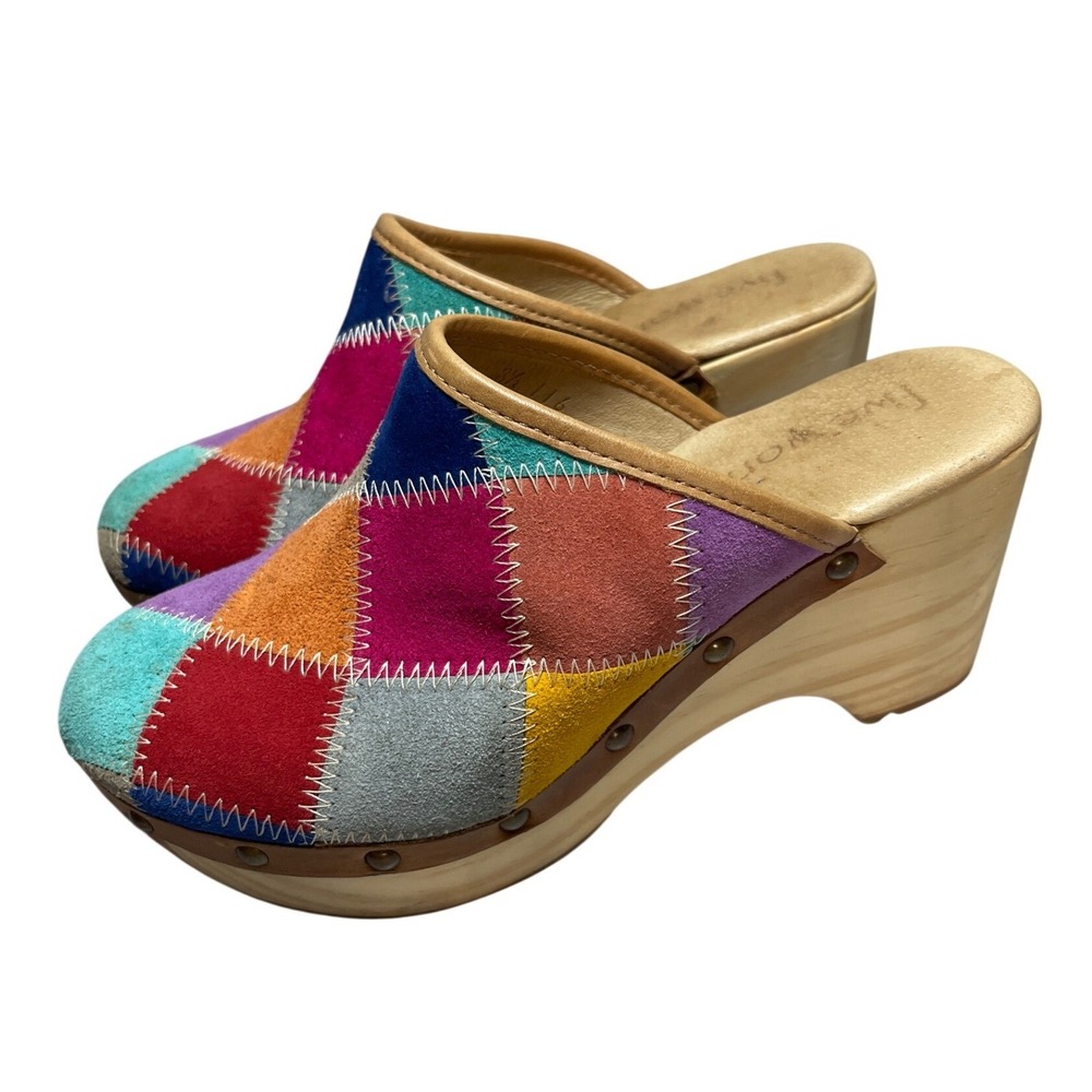 Five Worlds by Cordani Patchwork Suede Wooden Clogs Multi Color Mules 8.5 Boho